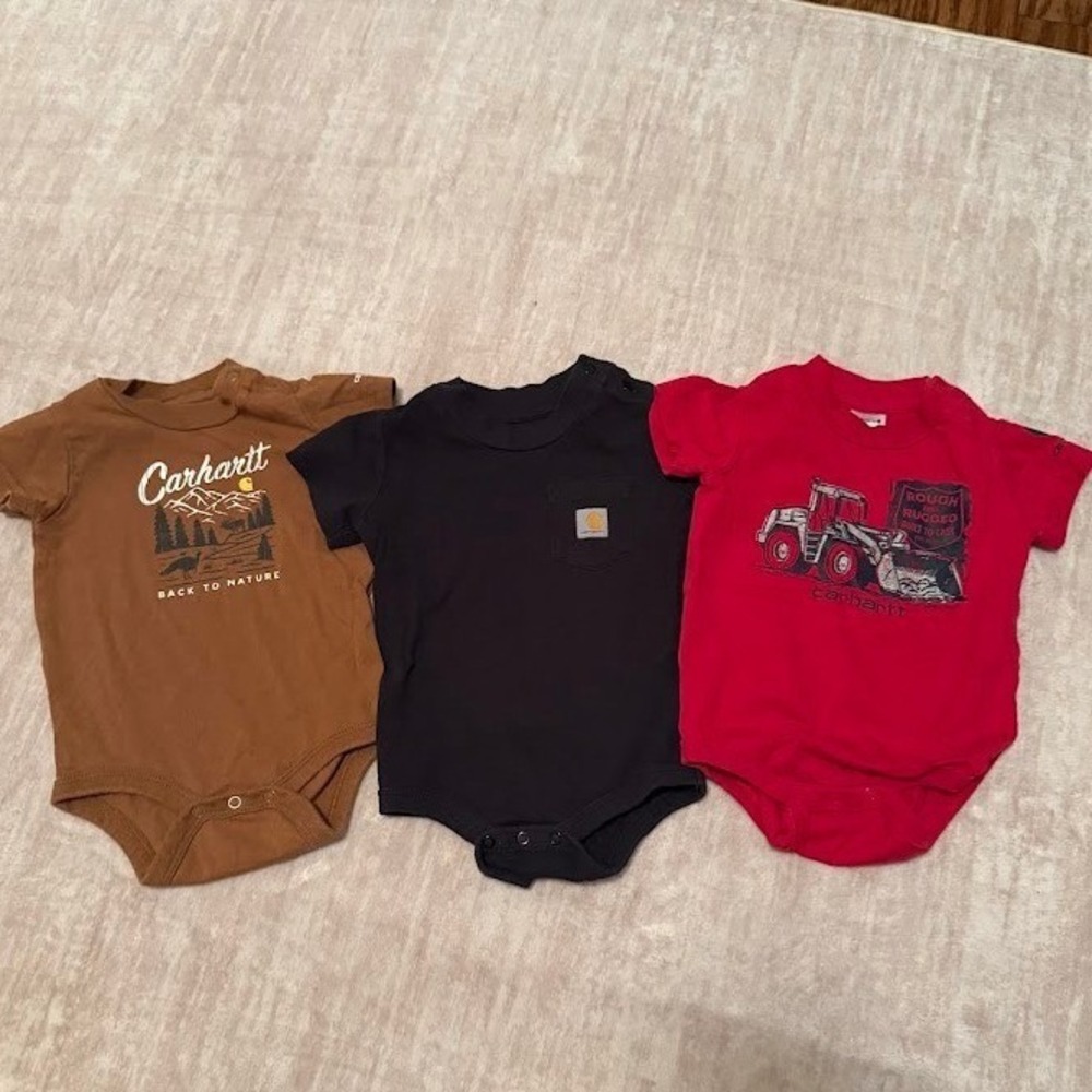 Carhartt Baby Boys Bodysuit Bundle 3 Pack Brown Black Red Graphic Pocket Snaps